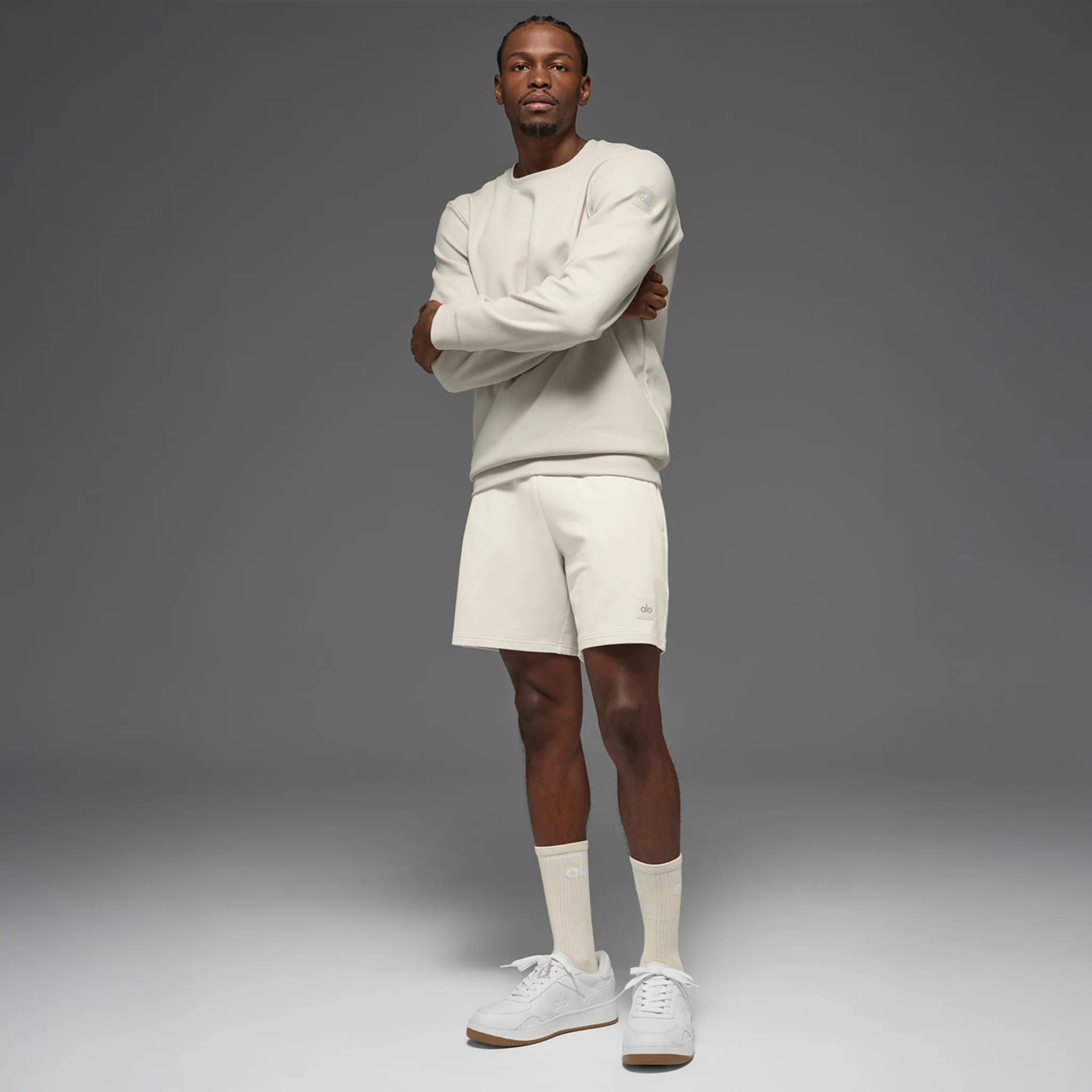 Model View of Alo Yoga Waffle Lounge Bone Crewneck